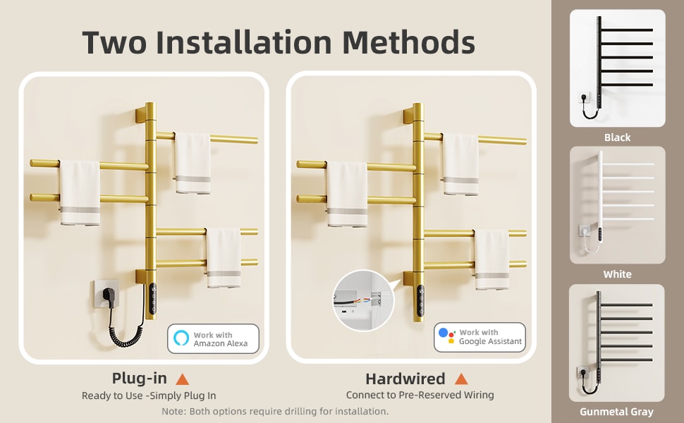 SIOYIE Smart Rotating Heated Towel Rack For Bathroom, Wall-Mounted Electric Towel Dryer With Swivel Bars, Smart Timer, Low Carbon Steel, IPX5, Plug-in/Hardwired, Towel Warmer With Wi-Fi App ControlW_voghion.com